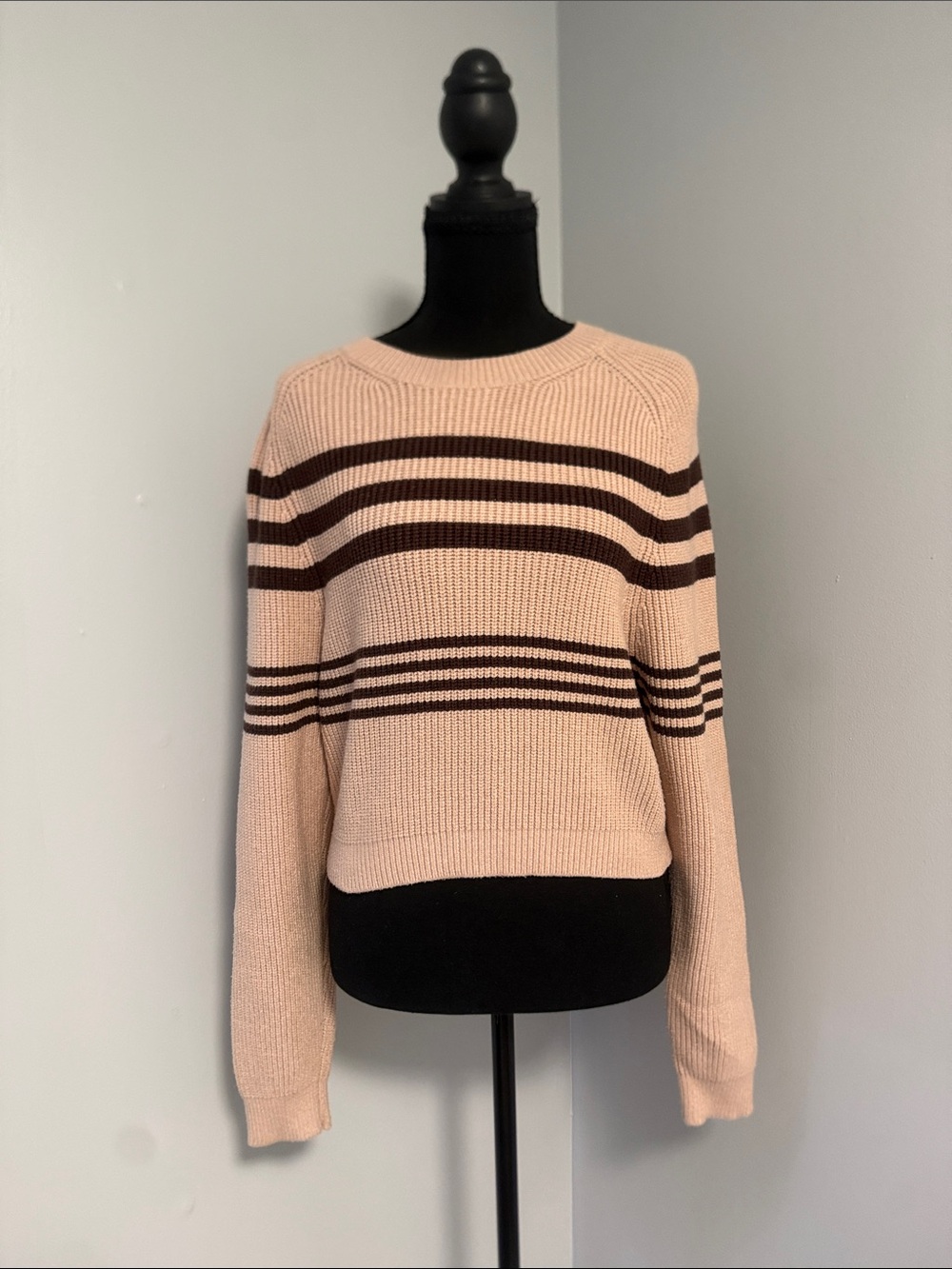 Womens Tan Striped Knit Sweater